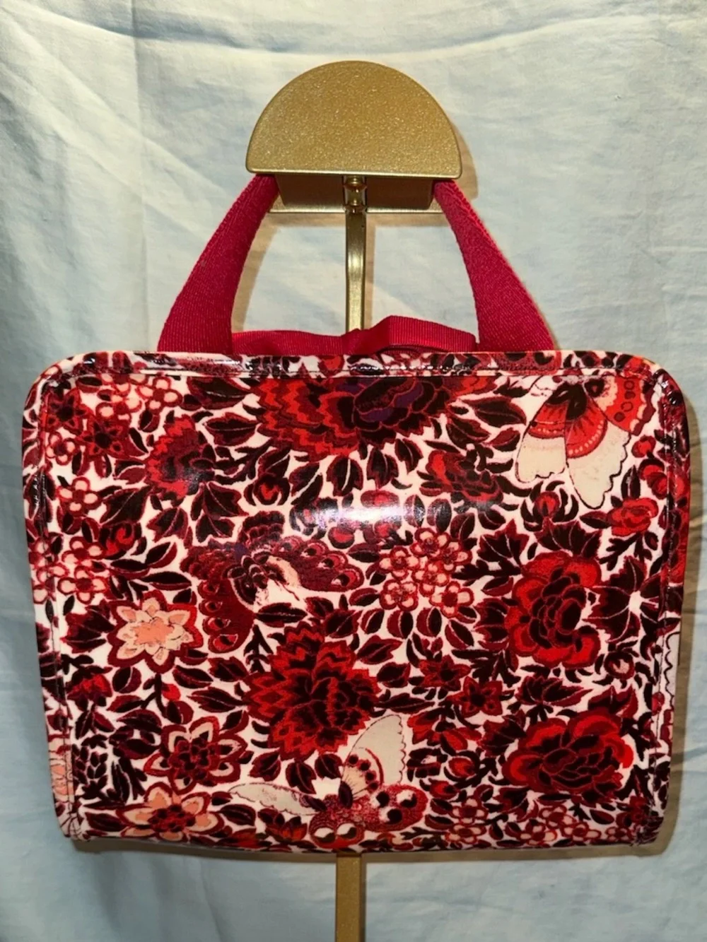 Tory Burch Red Floral Cosmetic Travel Organizer with Red Pink Black Accents